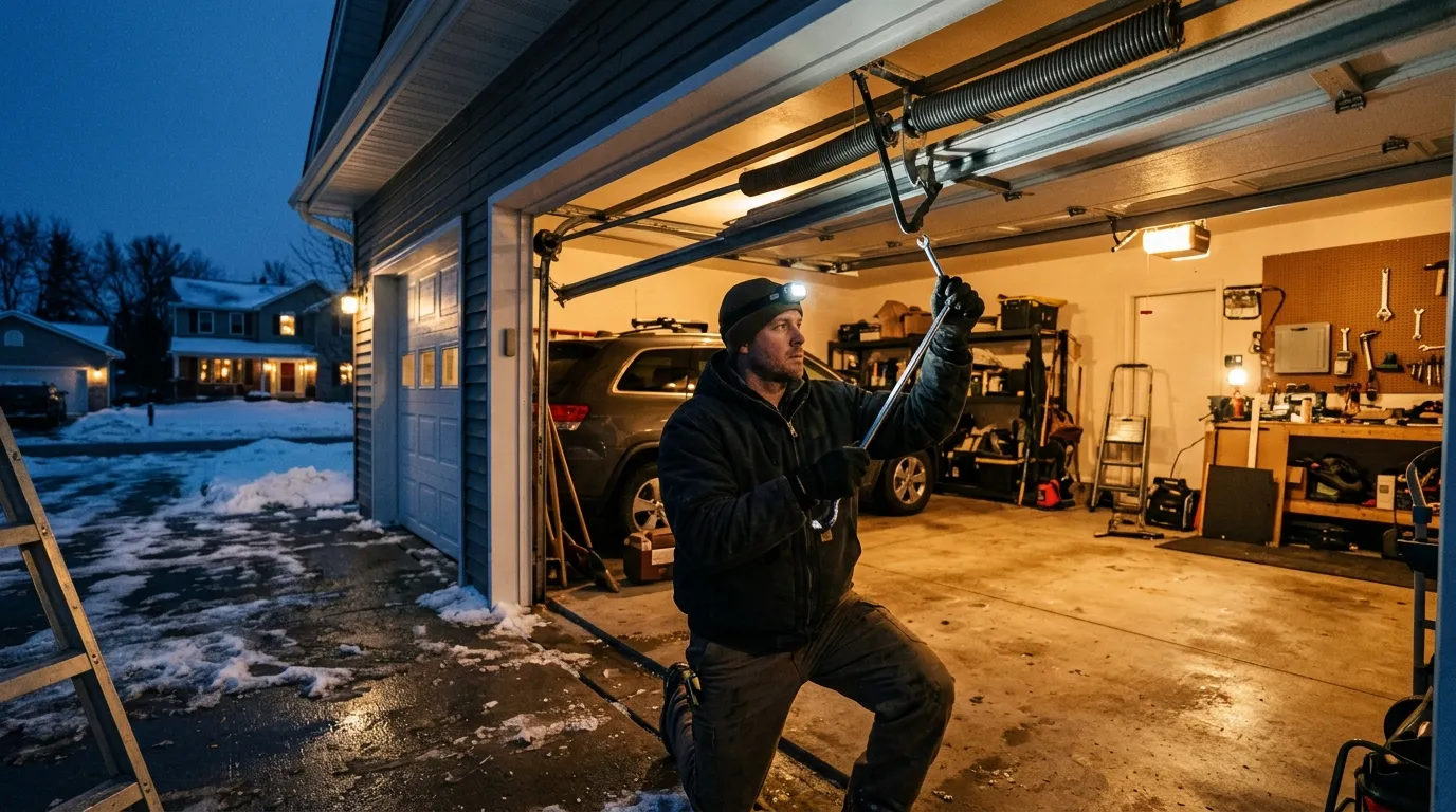 Garage door detail illustrating why garage door safety sensors drift out of alignment here